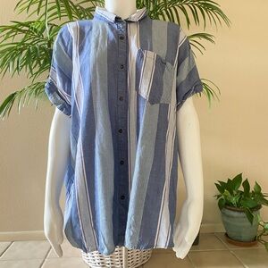 Blue and white striped button up top